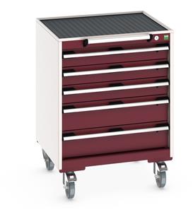 40402031.** Bott Cubio 5 Drawer Mobile Cabinet with external dimensions of 650mm wide x 650mm deep  x 885mm high. Each drawer has a 50kg U.D.L. capacity with 100% extension and the unit also features drawer blocking and safety interlocks....